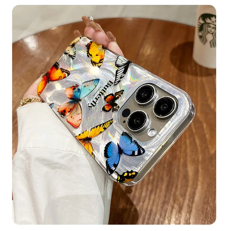 Funda de teléfono de arena con plumas graduales plateadas y mariposas de lujo para iPhone 16 15 14 13 12 11 Pro Max X XR 7 8 Plus, funda con cordón