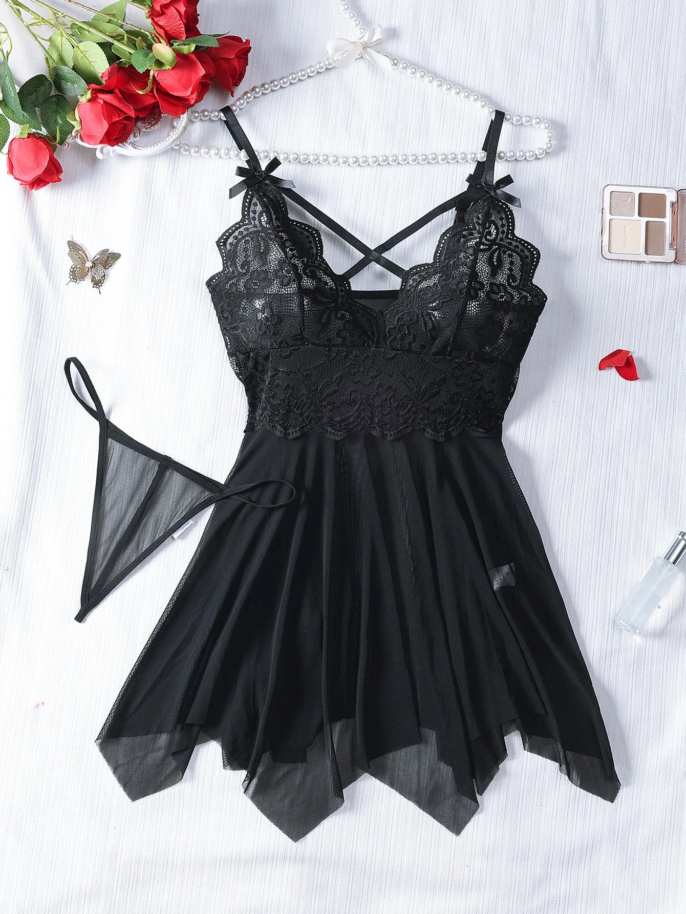 Lencería Sexy roja transparente, ropa interior para mujer, ropa de dormir transparente, camisón de encaje y bragas, conjuntos de Pijamas, camisón Sexy para mujer