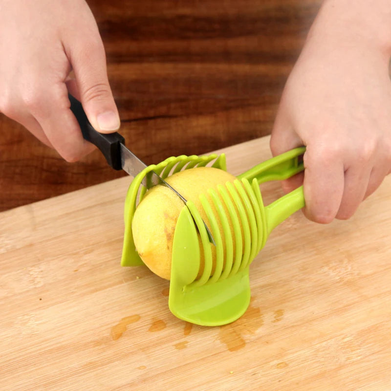 Práctico soporte de acero inoxidable para cebolla, rebanador de patatas, tomate, cortador de frutas y verduras, herramientas de cocina de seguridad, accesorios