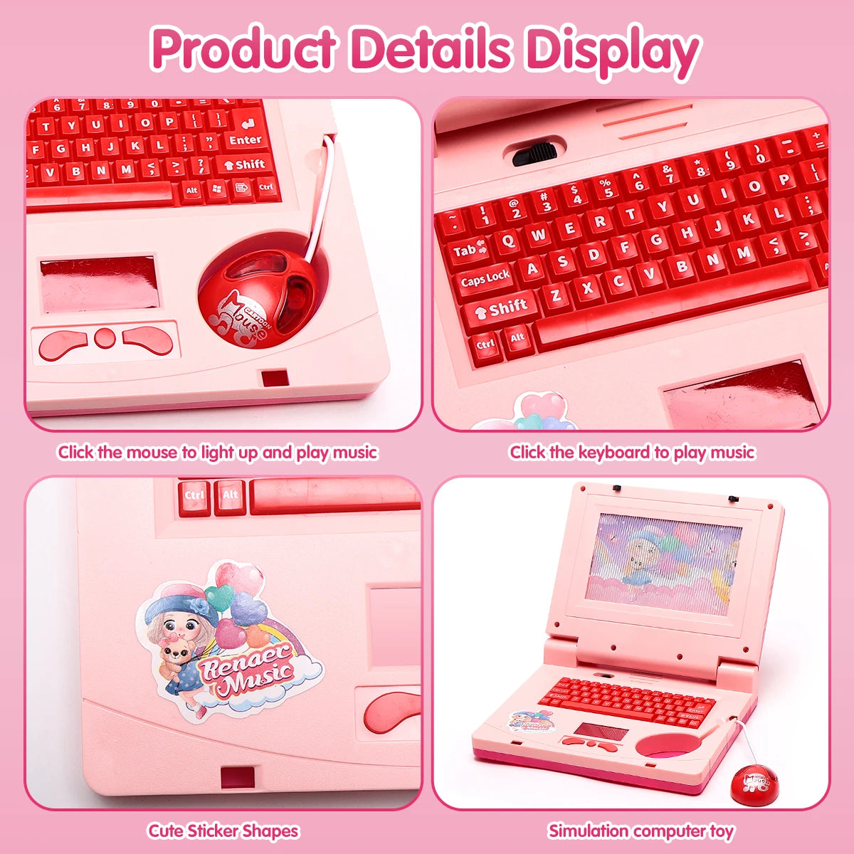 Juguete de Computadora Portátil Rosa para Niños – Computadora Educativa Interactiva con Música, Luces y Ratón para el Desarrollo Temprano