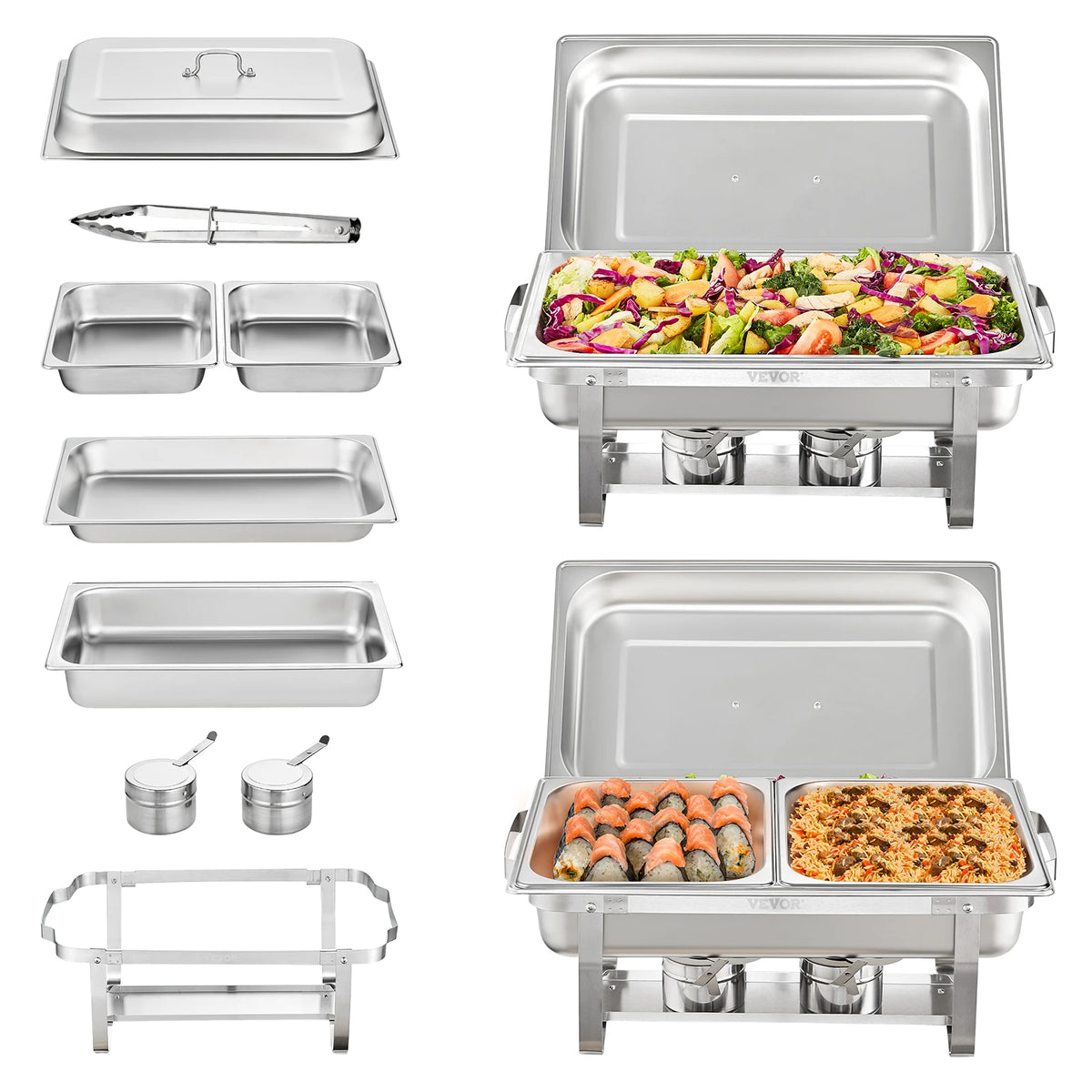 SucceBuy plato de frotamiento rectangular de 8 cuartos, 2/4/6 paquetes con sartenes de tamaño completo, calentador de Catering para Buffet, servidor, soporte plegable, bandeja de soporte de combustible