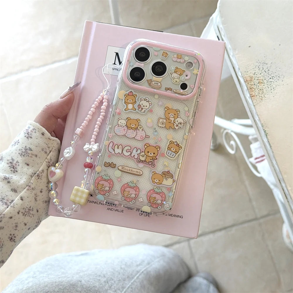 Funda de Teléfono con Diseño de Rilakkuma y Fresas para iPhone 17 Pro, 16 Pro Max, 15 Pro, con Cadena, Fundas Kawaii de Dibujos Animados, Antigolpes