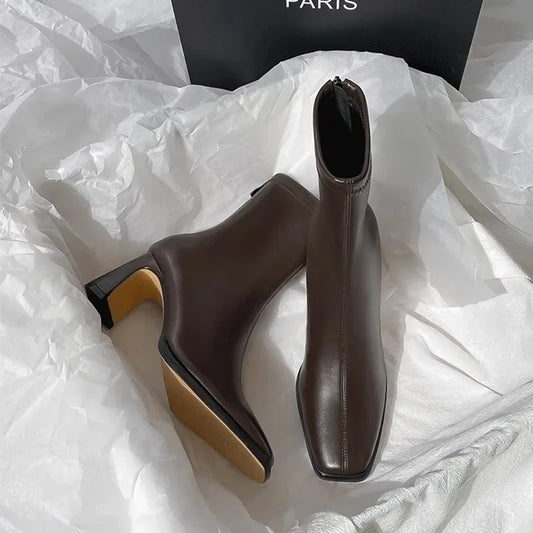 Botines cuadrados de otoño, cómodas botas de tacón alto de cuero suave, zapatos de mujer de temperamento Simple con cremallera a la moda