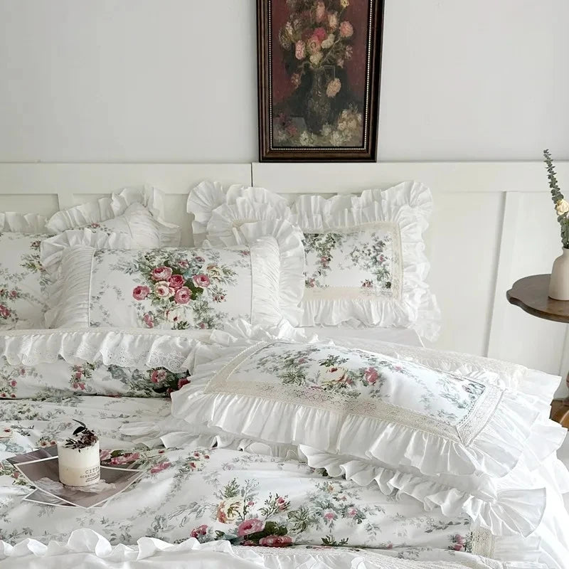 Juego de fundas de edredón con volantes, de 3 piezas ropa de cama, Floral, 100% algodón, blanco, 2 fundas de almohada, US/UK, Super King size