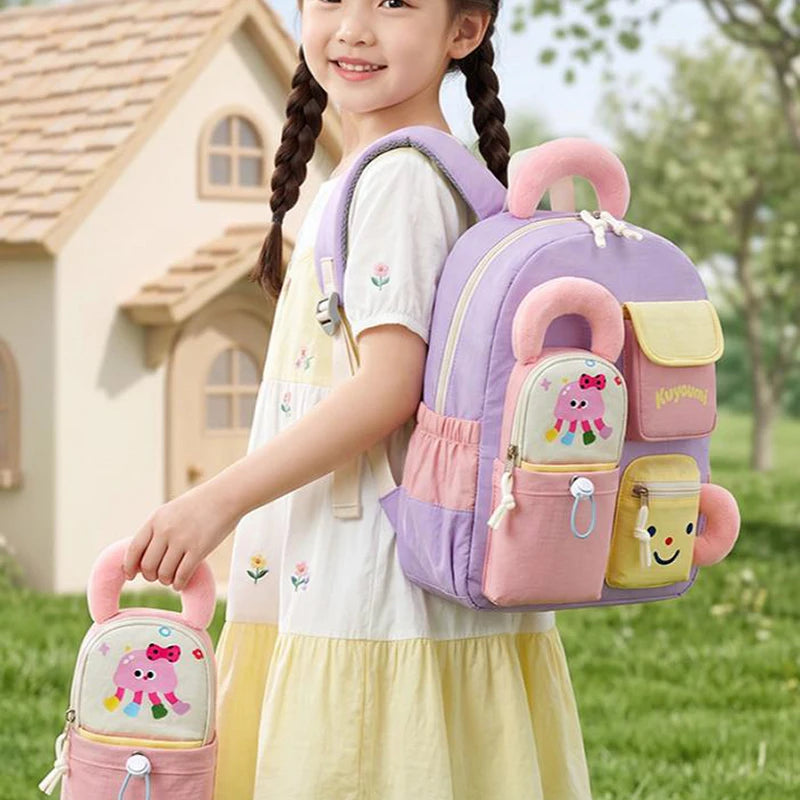 Mochila con múltiples bolsillos, bonita mochila escolar de moda con dibujos animados para niños de primaria y secundaria, ligera y de gran capacidad