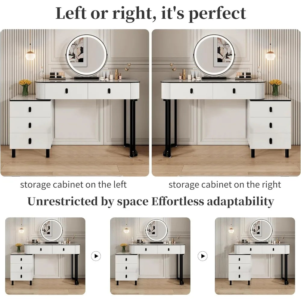Pequeño tocador de maquillaje con espejo y luces LED |   Tocador moderno estriado con cajones y cabina lateral ajustable reversible