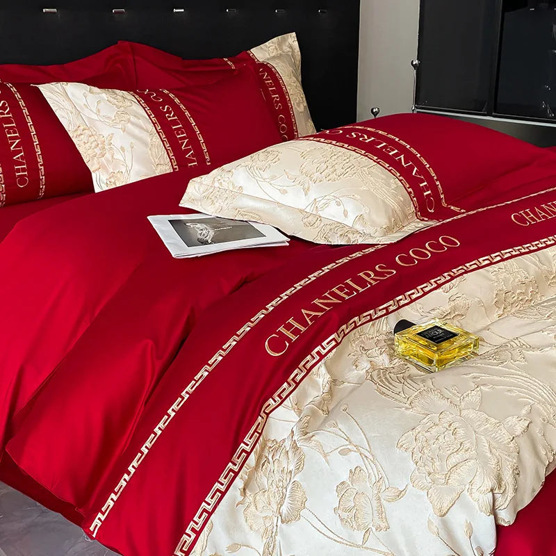 Juego de cama europeo de alta gama, juego de cuatro piezas de algodón de lujo, funda de edredón bordada de algodón, sábanas, sombreros, ropa de cama para personas mayores