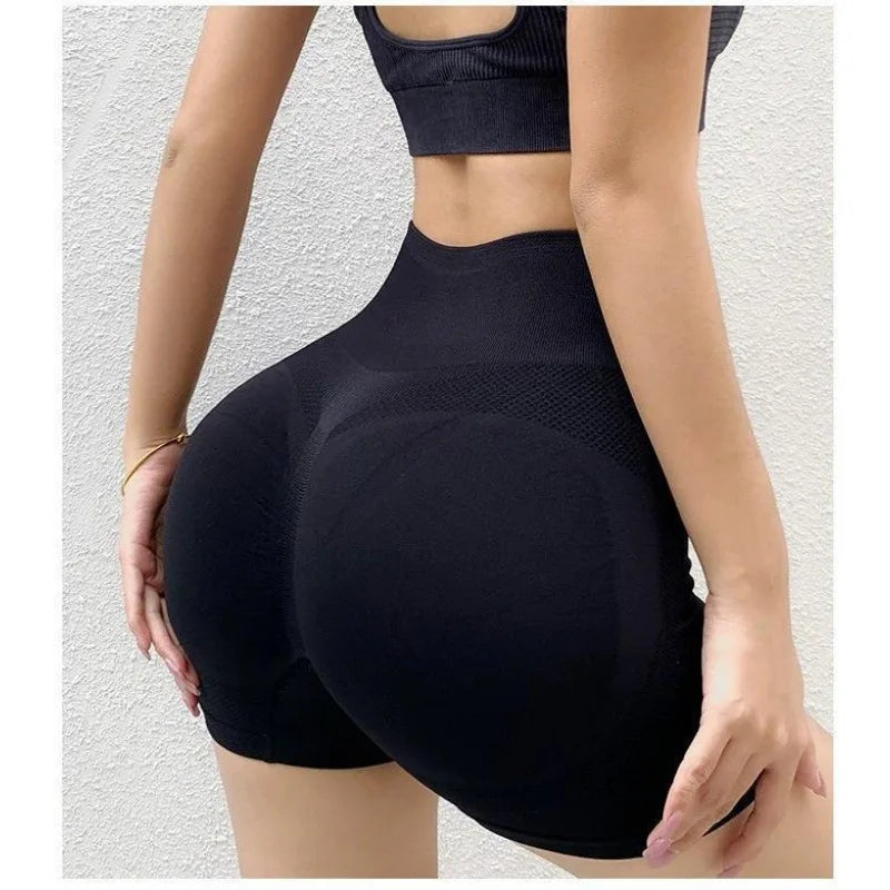Pantalones cortos deportivos para mujer, cintura alta, elásticos, ajustados, para entrenamiento, Control corto de barriga, Sexy, Yoga, sin costuras, Fitness, levantamiento de cadera, ropa deportiva