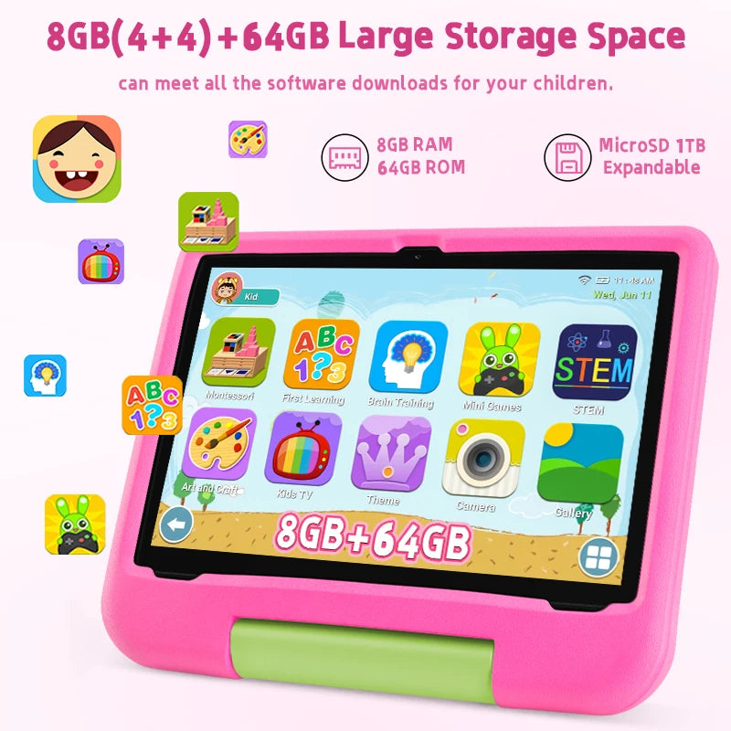 Tablet Paitanry de 10.1 Pulgadas para Niños, Android 15, 8GB RAM, 64GB ROM, WiFi 6, Protección Ocular, 5000mAh, con Funda de Silicona, Regalo para Niños