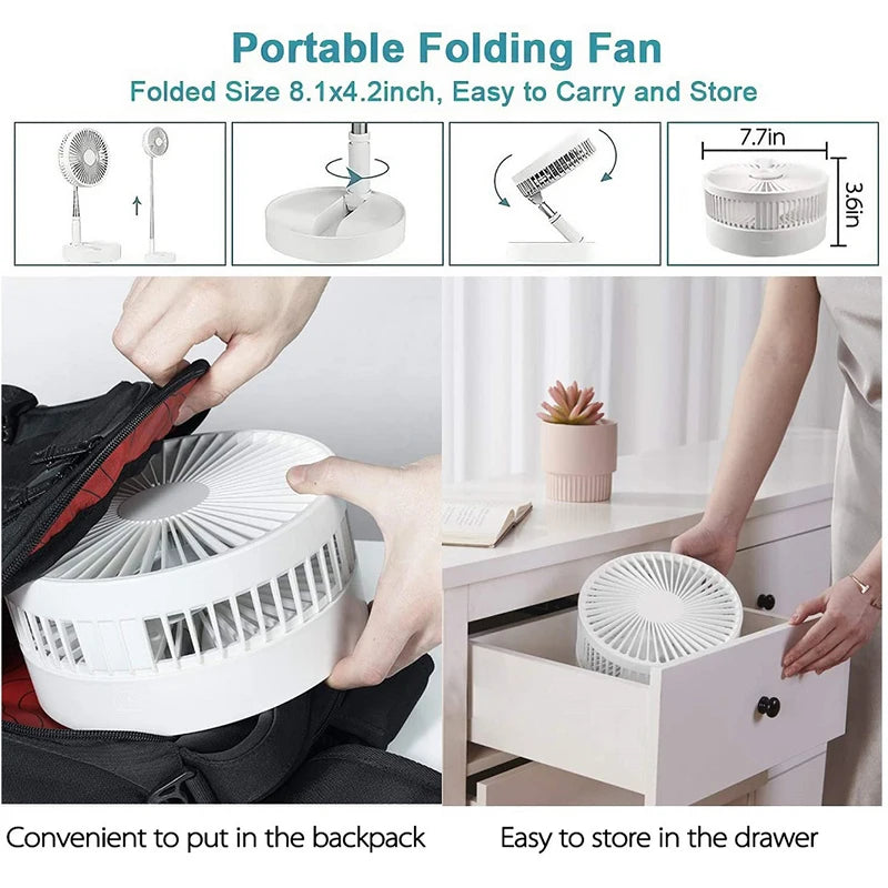 Ventilador portátil recargable, Mini suelo telescópico plegable, ventilador de verano de poco ruido, refrigeración para el hogar, dormitorio, oficina, escritorio