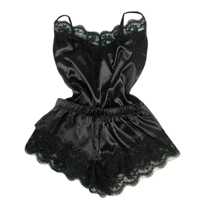 Conjunto de pijama de satén de encaje para mujer, ropa de dormir con cuello en V, lencería Sexy elástica, chaleco con tirantes, Top, pijama, pantalones cortos para dormir, conjunto de ropa de dormir