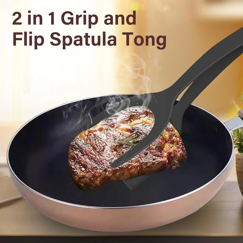 Nueva Espátula 2 en 1 con Pinzas, Espátula para Voltear Huevos, Espátula de Nailon con Revestimiento Antiadherente, Herramienta para Hacer Panqueques, Pescado, Tostadas Francesas y Omelettes