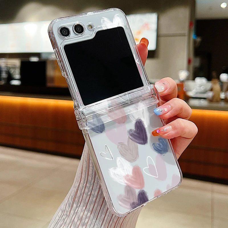 Funda de teléfono transparente con diseño de flor de amor para Samsung Galaxy Z Flip7 FE Flip 7 6 5 4 3 5G Flip5 Flip6, funda dura para PC a prueba de golpes