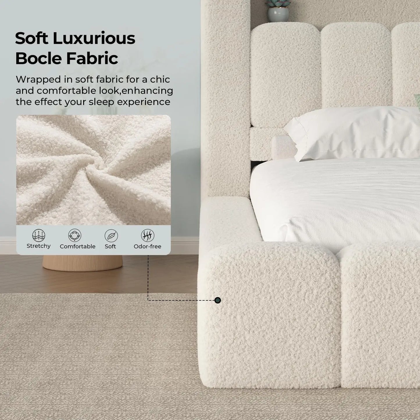 Base de Cama Nube Tamaño Completo, Acolchada con Espuma Engrosada, Color Blanco Crema |   Cabecera con Almacenamiento, Luces LED, Estación de Carga, Personalizable