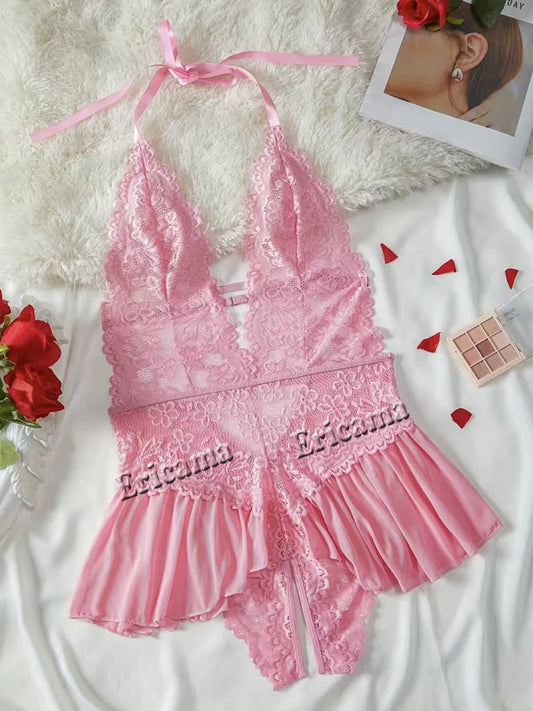 Conjunto de lencería erótica hueca de realce para mujer, ropa interior transparente de encaje, conjunto de sujetador erótico ajustado, vestido de dormir Sexy de encaje a la moda