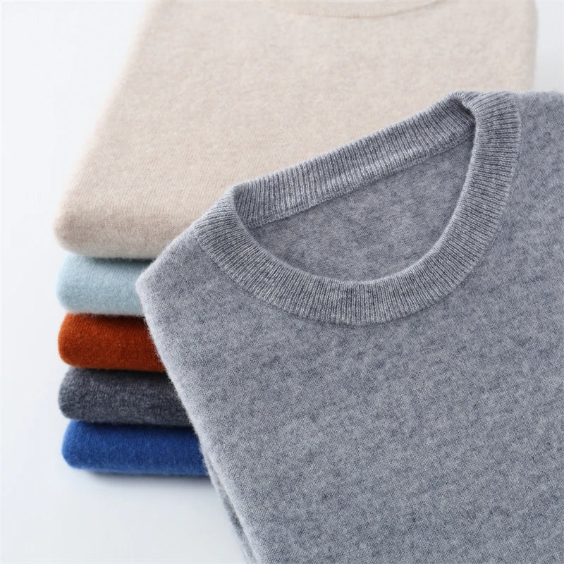 Otoño/Invierno, jersey de cachemira pura de 100% para hombre, suéter de punto liso informal de negocios, Tops sueltos de cuello redondo, jersey grueso y cálido