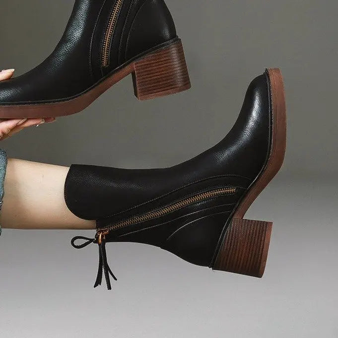 Botines de tacón alto para mujer, botas cortas de cuero con punta redonda, botas de tacón grueso, botines con cremallera lateral, tacón de plataforma para mujer
