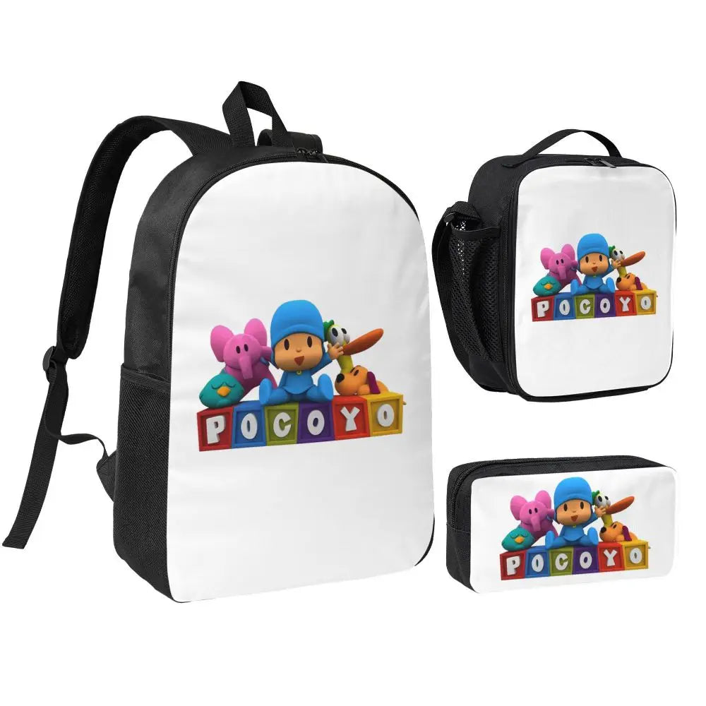 Mochila azul de dibujos animados de Pocoyo para niños, mochila escolar, bolsos de hombro para ordenador, bolsa de almuerzo aislada de 3 piezas, estuche para lápices