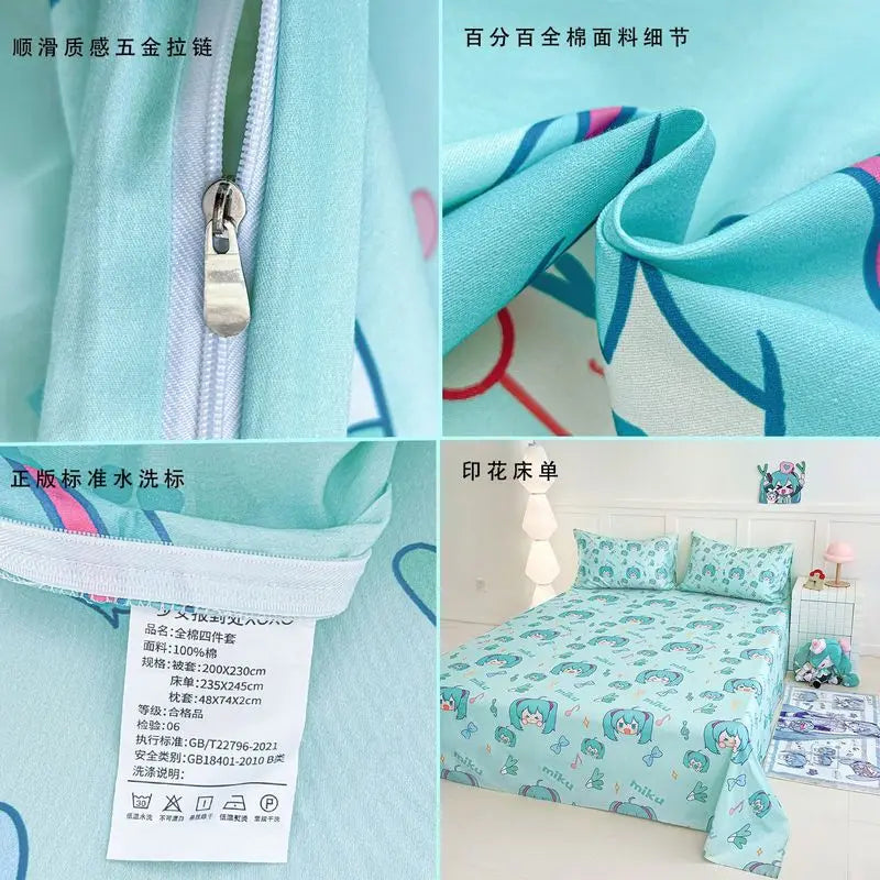 Nuevo Juego de cama Miku de 4 piezas totalmente de algodón para niñas, sábanas bonitas de dibujos animados de Anime, juego de cama para dormitorio de estudiantes, fundas de almohada, funda nórdica
