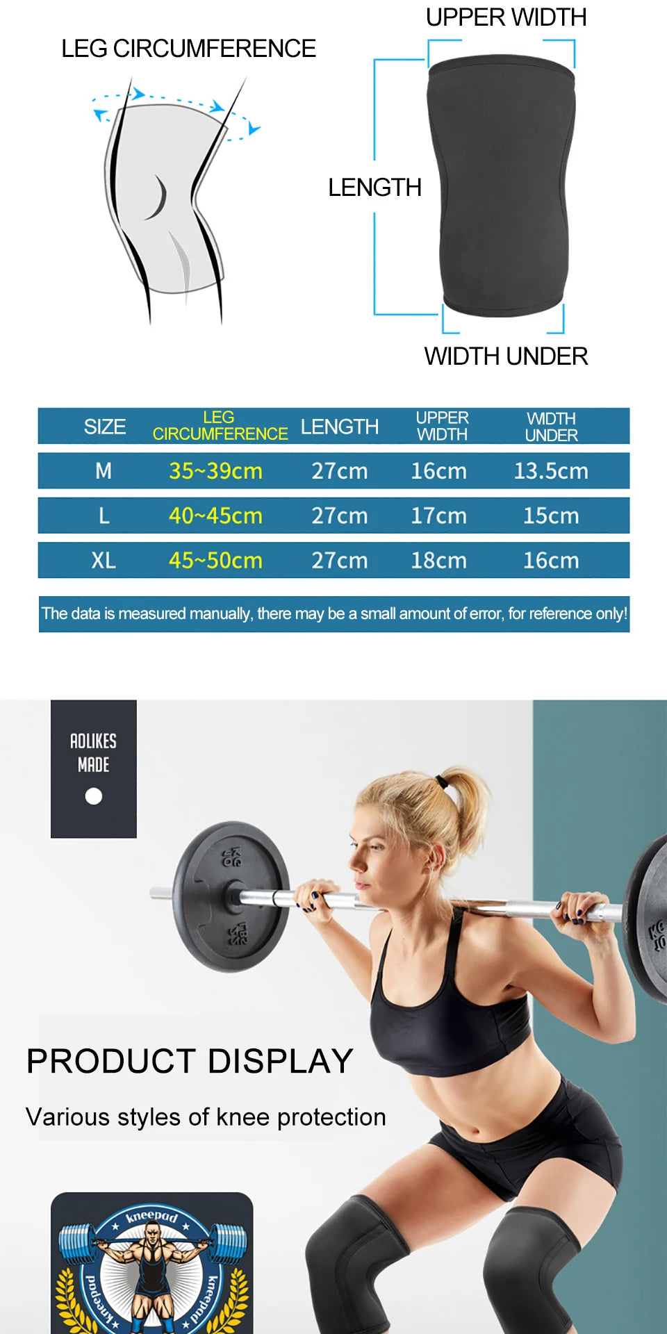 AOLIKES 1 par de rodilleras deportivas de neopreno de 7mm, rodilleras de compresión para levantamiento de pesas, rodilleras de entrenamiento para Crossfit presurizadas, soporte para mujeres y hombres