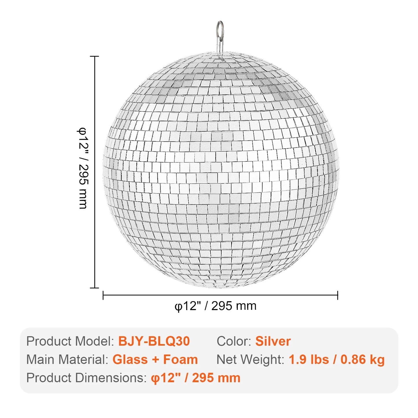 VEVOR Bola de Discoteca con Espejos, Bola de Espejos de 295 mm con Anillo Colgante, Decoración de Fiesta con Bola de Discoteca con Rayos para DJ Club, Escenario, Boda, Cumpleaños, Navidad, Plata