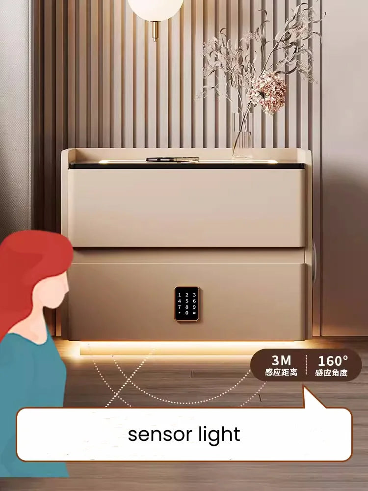 Mesita de noche inteligente de madera maciza con carga inalámbrica, mesita de noche de estilo moderno con 2 cajones y cerradura, armario lateral para el hogar
