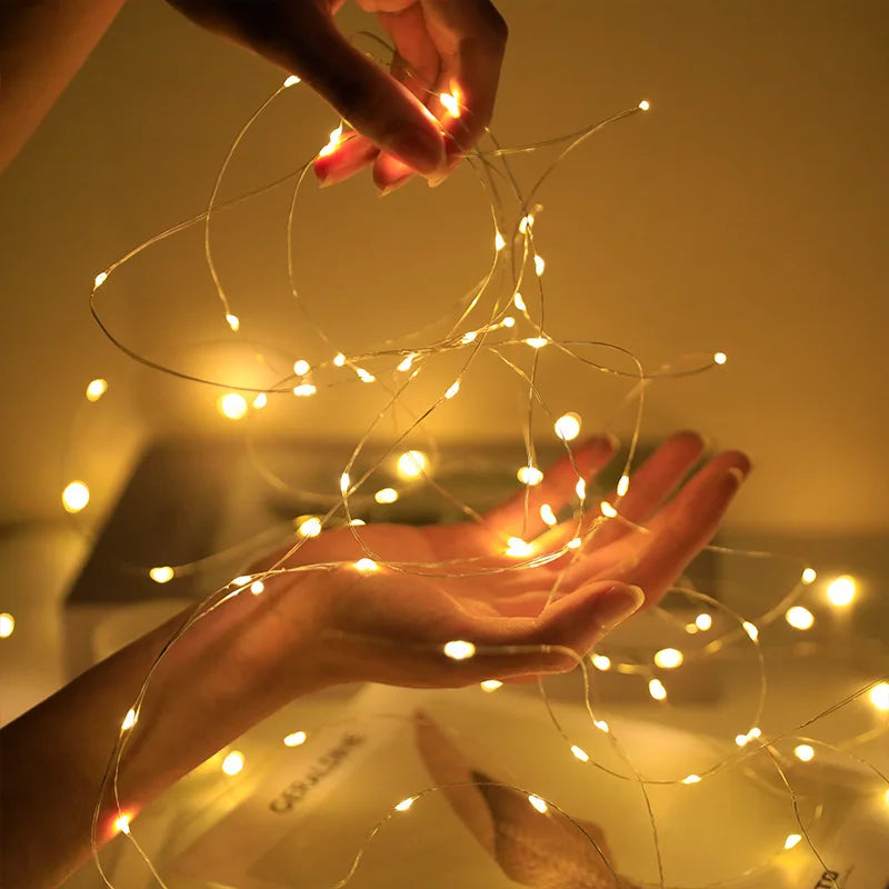 Guirnaldas de luces LED con botón y batería, guirnalda de luces navideñas, boda, Año Nuevo, dormitorio, sala de estar, decoración de jardín