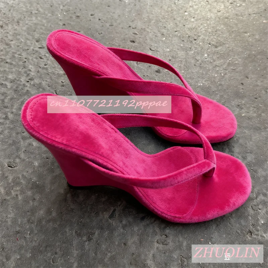 Mules tipo Tanga de ante rojo rosa, sandalias de cuña poco profundas con punta abierta para verano, zapatillas sin cordones elegantes para exteriores para mujer, gladiador de talla grande 46