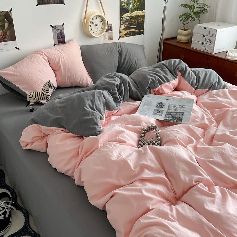 Funda nórdica de poliéster para dormitorio, juego de ropa de cama de 3 piezas, Color liso, rosa y gris, 2 fundas de almohada