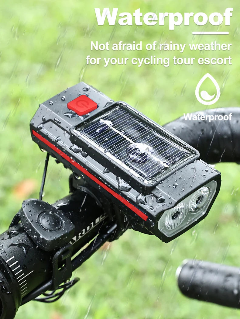 Luz Solar para bicicleta con bocina, 120dB, TYPE-C, carga rápida, lámpara frontal para bicicleta de montaña y carretera, linterna para bicicleta de 1200 mah