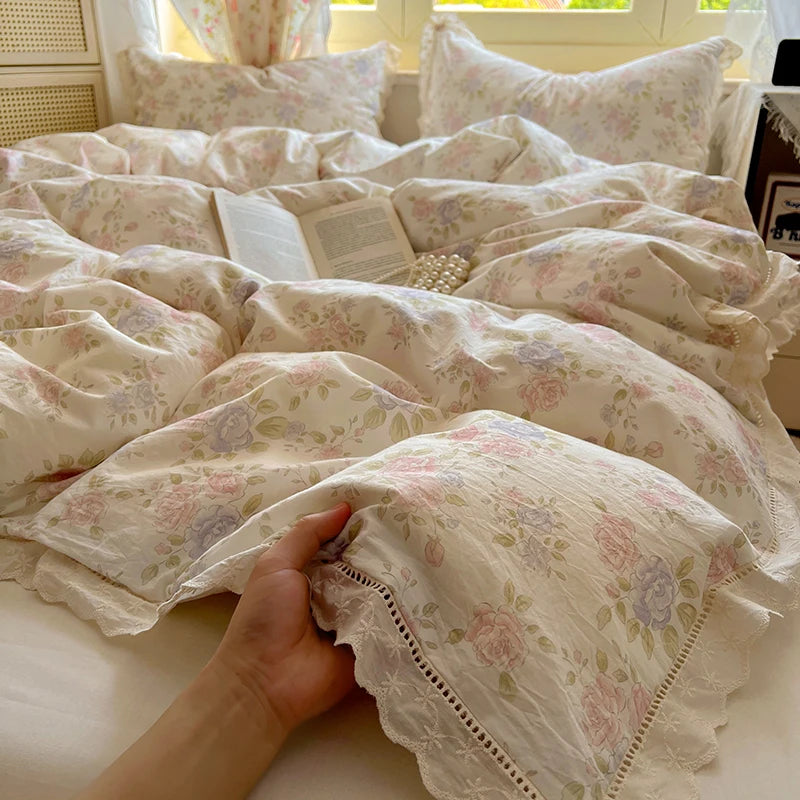 Juegos de funda nórdica de algodón lavado, juego de cama con estampado de flores individual/Queen/king, estilo princesa, funda de couette de 220x240 con encaje