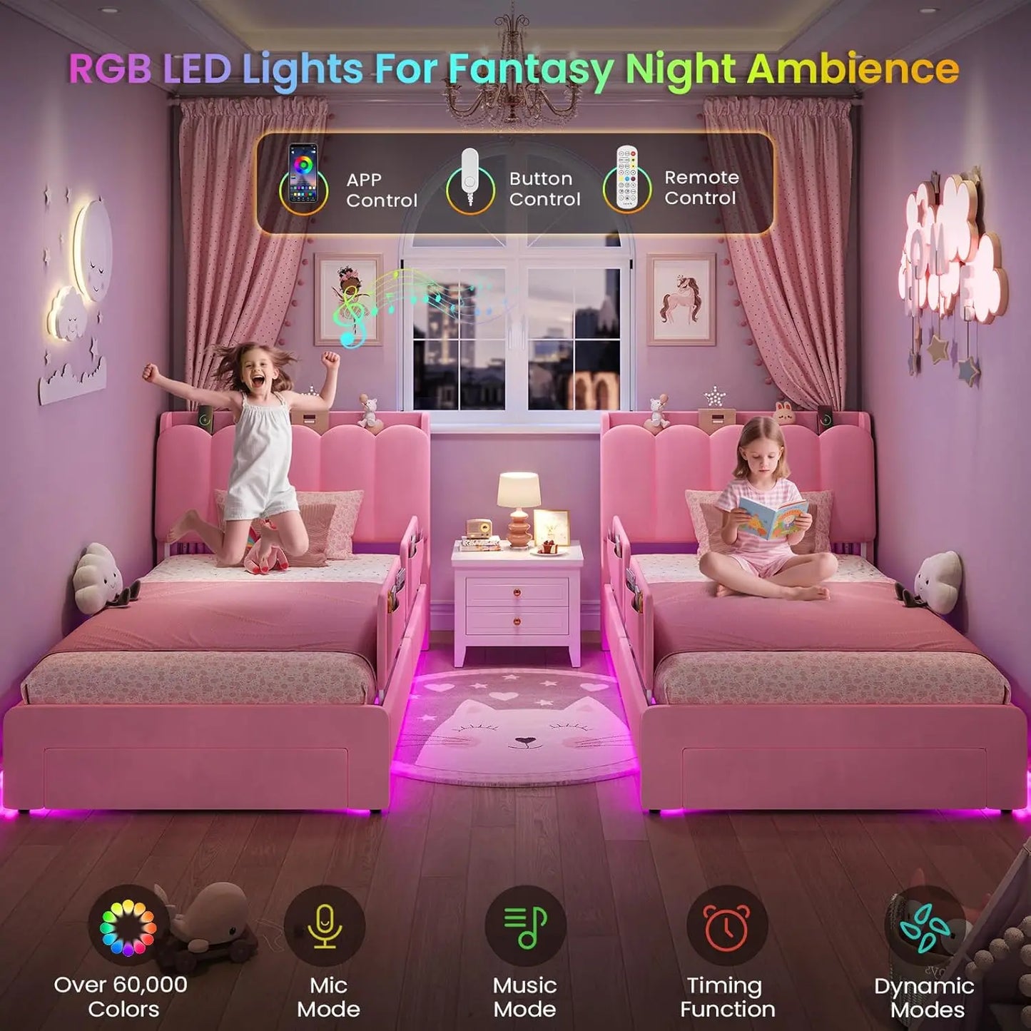 Cama de princesa tamaño twin con cajones de almacenamiento, barandillas de seguridad, plataforma tapizada en terciopelo con luces LED, cabecero ondulado con almacenamiento para niñas