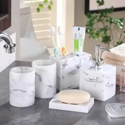 Juego de baño nórdico con diseño de mármol, accesorios de baño de resina, soporte para cepillo de dientes, dispensador de jabón, bandeja para platos