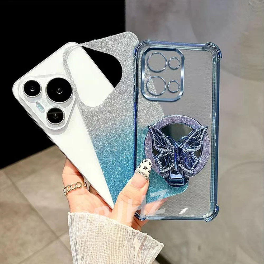 Funda Magnética Antigolpes con Espejo para Realme 14 13 12 Pro Plus C75 C71 C65 C63 C55 C53 C51, Soporte para Teléfono con Diseño de Mariposa y Correa de Pulsera
