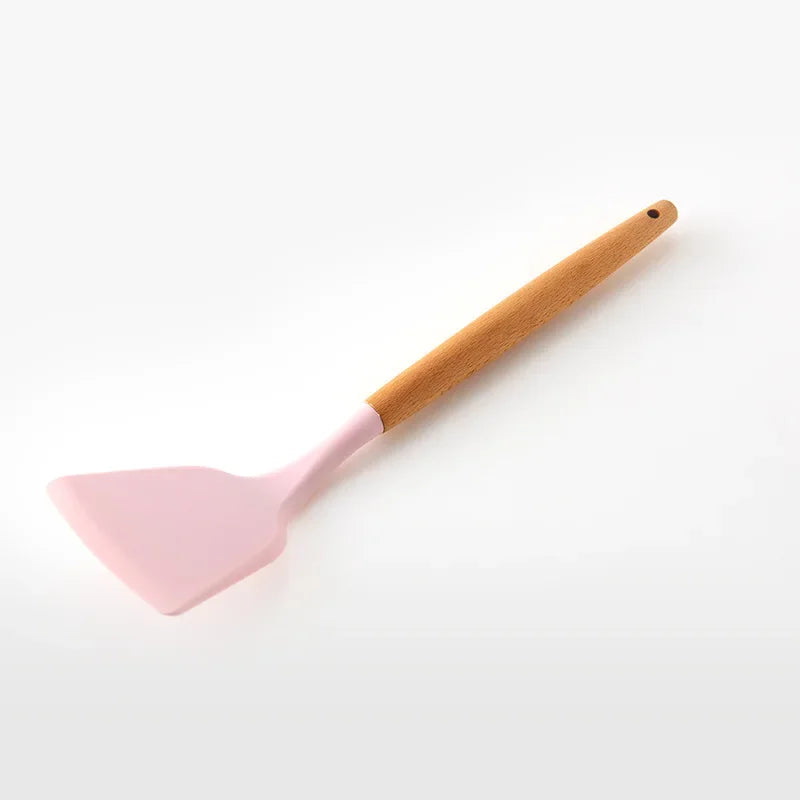 Utensilios de cocina de silicona con mango multifunción de madera, espátula antiadherente, cucharón, batidor de huevos, pala, rosa, nuevo