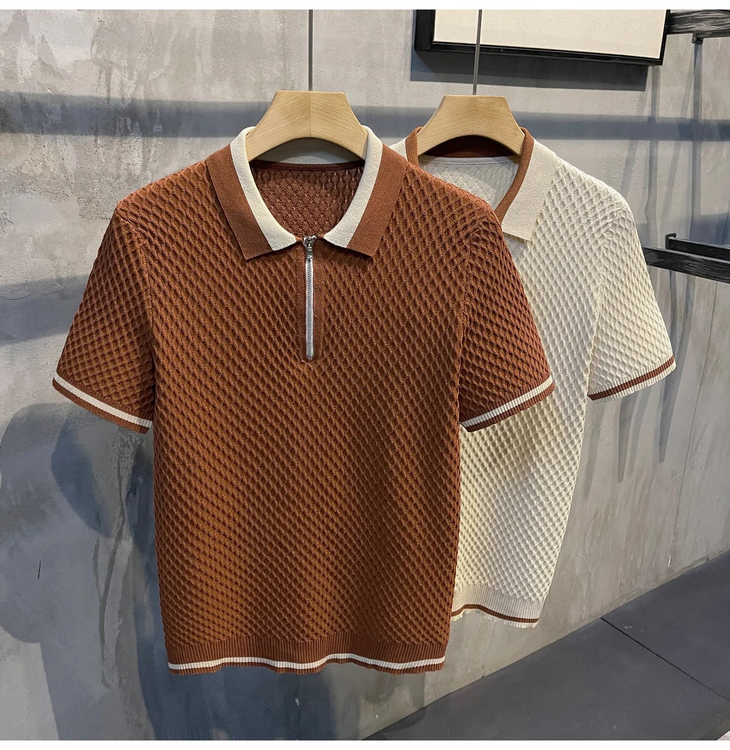 Camisa Polo de Punto Jacquard con Cuello en V para Hombre, Estilo Casual, Color Sólido, Manga Corta, Transpirable, Ropa de Lujo B24, 2026