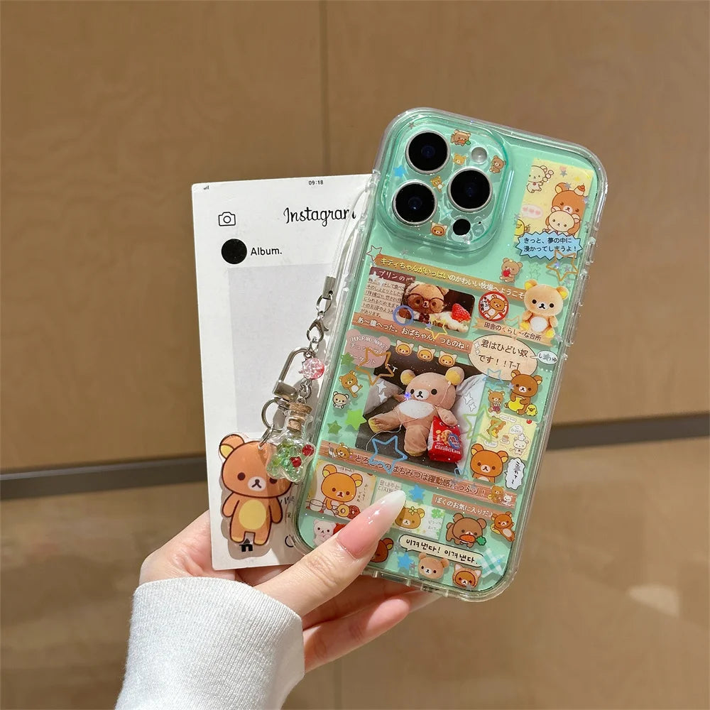 Funda de Teléfono con Dibujos Animados de Rilakkuma Kawaii para iPhone 17 16 15 Pro16 Max 17 Pro Max, Funda Protectora Bonita a Prueba de Golpes con Dijes