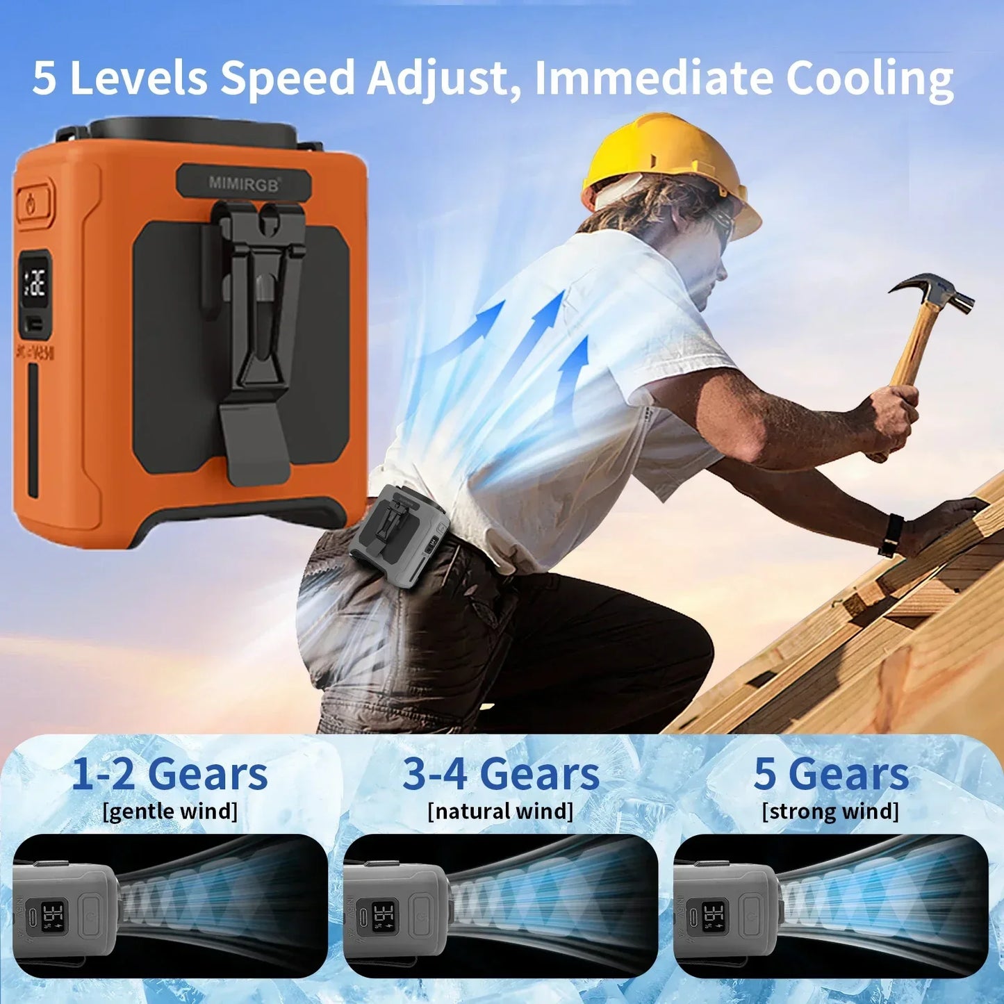 Ventilador de cintura portátil de 10000mAh con banco de energía, iluminación LED, ventilador de cuello colgante, ventilador de refrigeración de flujo de aire fuerte de 5 velocidades para trabajo al aire libre