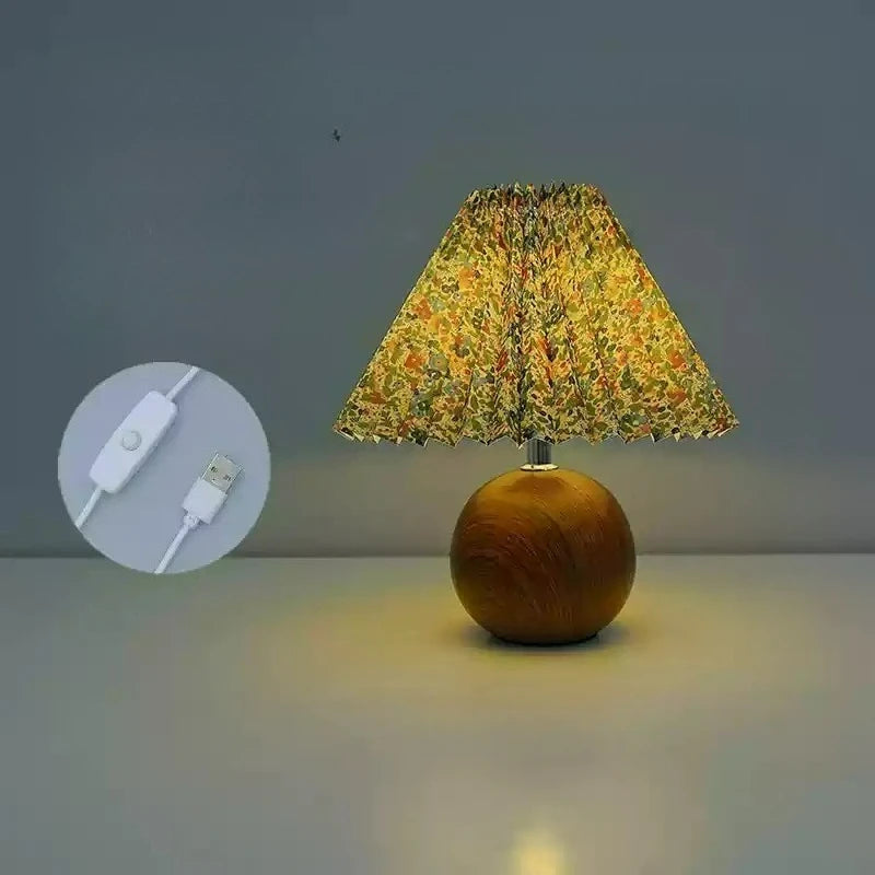 Lámpara LED para mesita de noche, bonitas y pequeñas lámparas plisadas para mesita de noche, luz ambiental Circular de nogal, decoración de dormitorio USB, luz nocturna