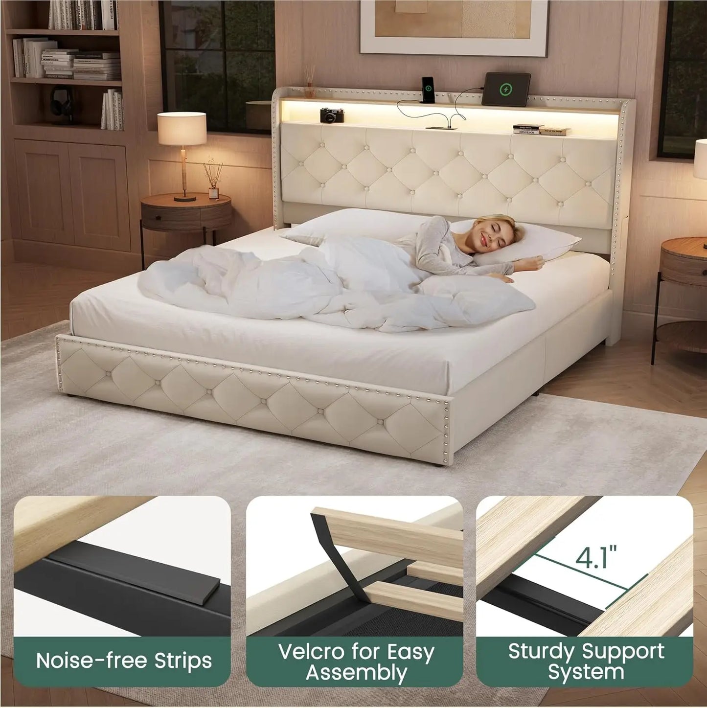 Base de Cama Queen Size con 4 Cajones de Almacenamiento y Estación de Carga, Base de Cama Tapizada en Terciopelo con LED, Personalizable