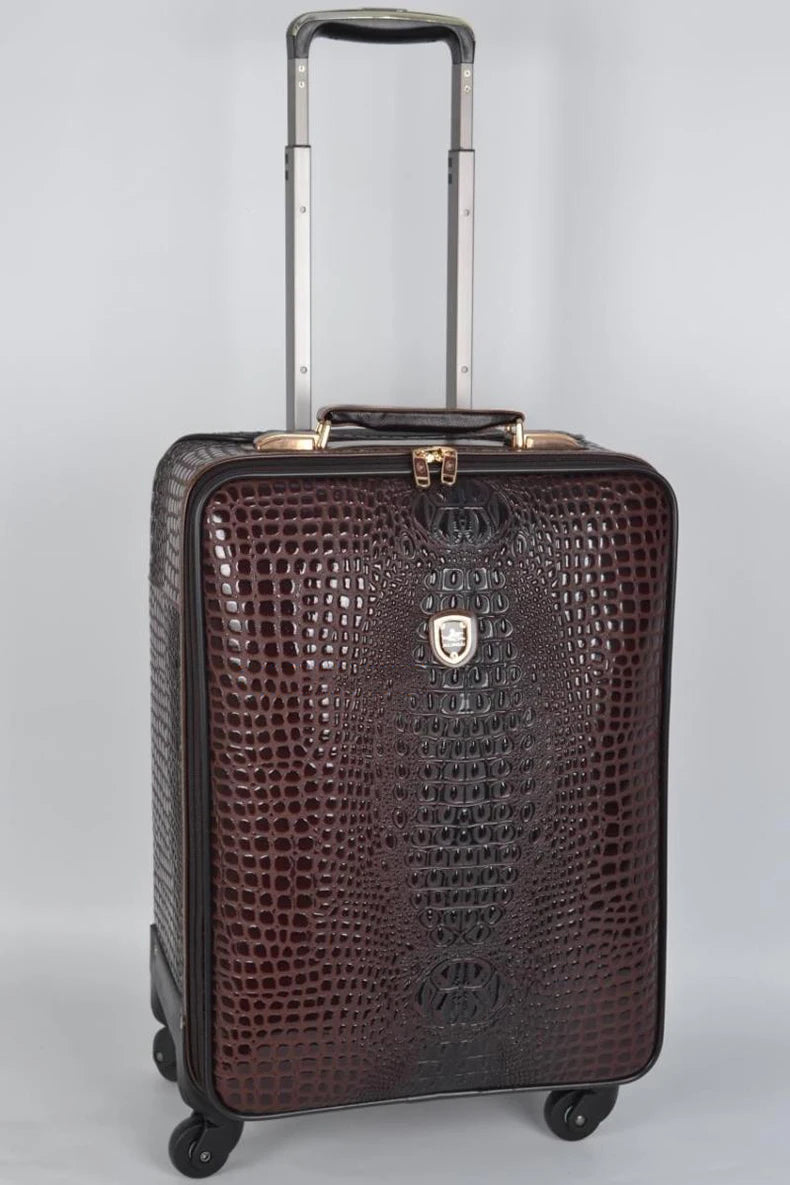 Equipaje rodante de cuero con patrón de cocodrilo, maleta con ruedas de embarque de 16/20/24 pulgadas, equipaje de viaje de cuero real para hombres y mujeres