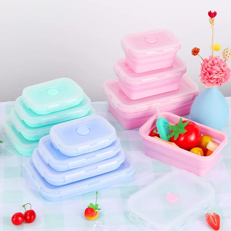 Contenedores plegables de almacenamiento de alimentos de 4PS con tapas y ventilación, juego de contenedores de preparación de comidas plegables de silicona apilables para cocina