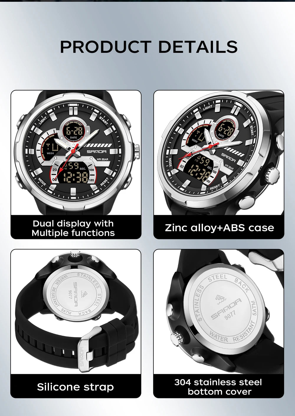 Reloj electrónico de cuarzo SNADA para hombre con pantalla Dual deportivo multifuncional LED resistente al agua reloj electrónico de cuarzo para hombre 9077