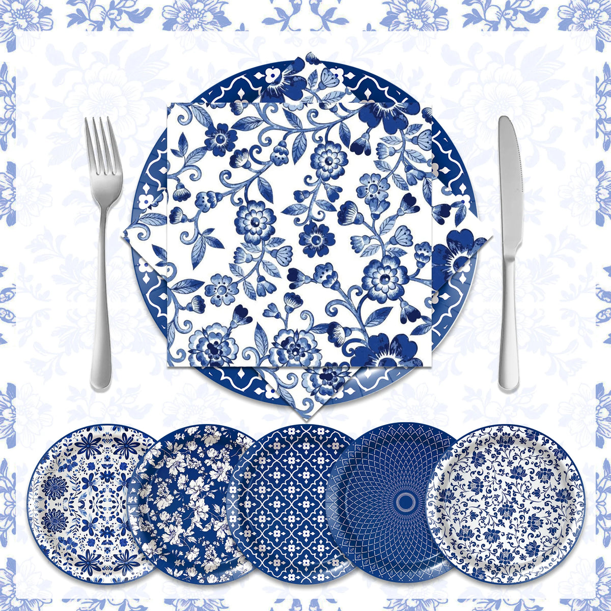 Platos de papel de porcelana azul y blanca, servilletas, vajilla para decoración de cumpleaños, decoración de bodas, decoración de mesa, suministros para fiestas