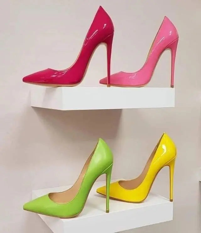 Zapatos de tacón alto sexis con punta estrecha de charol para mujer, tacones de aguja de talla grande, zapatos de tacón coloridos poco profundos y elegantes, zapatos de fiesta de diseñador de lujo