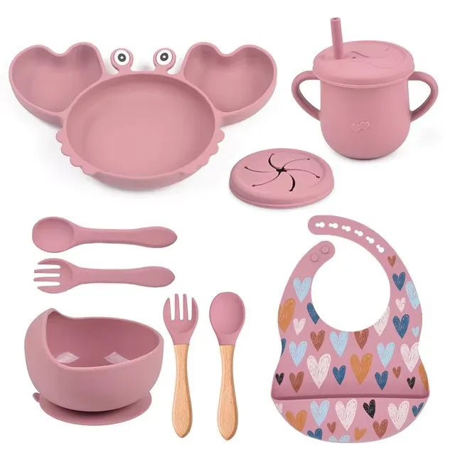 Juego de alimentación de silicona para bebé, cuenco de silicona, plato de comedor, cuchara, tenedor, platos para niños, vajilla de silicona sin BPA, 3/4/5 Uds.