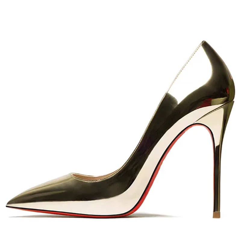 Tacones altos plateados, tacones delgados para mujer, nuevos zapatos individuales puntiagudos de boca poco profunda, zapatos de banquete de gran tamaño con espejo