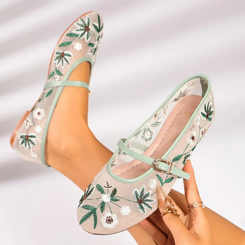 Zapatos Mary Jane de malla con bordado floral de primavera para mujer, zapatos con correa y hebilla concisa, zapatos de suela suave, zapatos planos de ballet transpirables para mujer