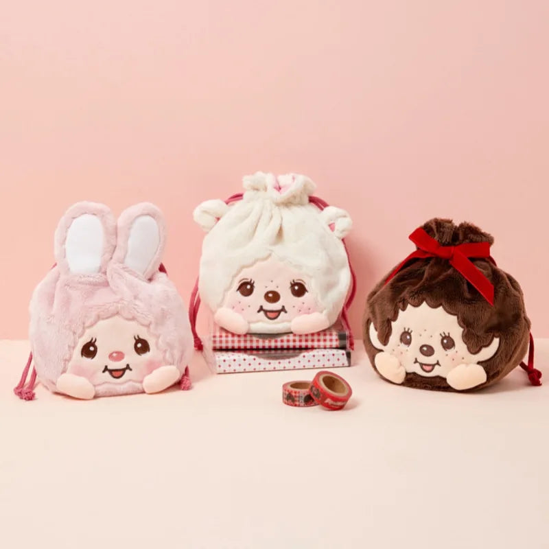 Nueva Bolsa con Cordón de la Serie Monchhichi, Linda Bolsa de Almacenamiento con Bordado de Personajes de Dibujos Animados, Creativa y Portátil, Bolsa de Maquillaje