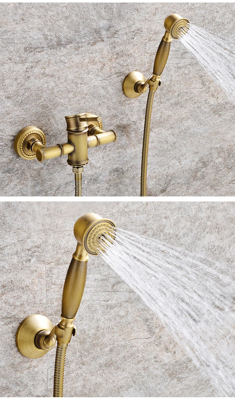 Grifo de ducha de baño antiguo, mezclador de bañera caliente y fría, grifo de grúa, montaje en pared, Material de latón, juego de baño de Bambú